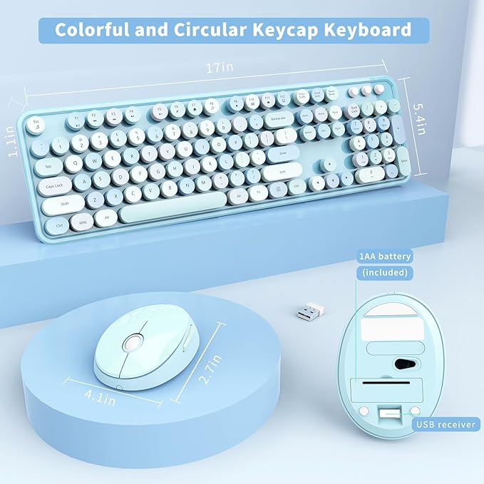Wireless Keyboard and Mouse Combo, Ergonomic Full Size Typewriter Retro Round Keycaps Keyboard, Compatible with Windows, PC, Perfer for Home and Office Keyboards (Blue