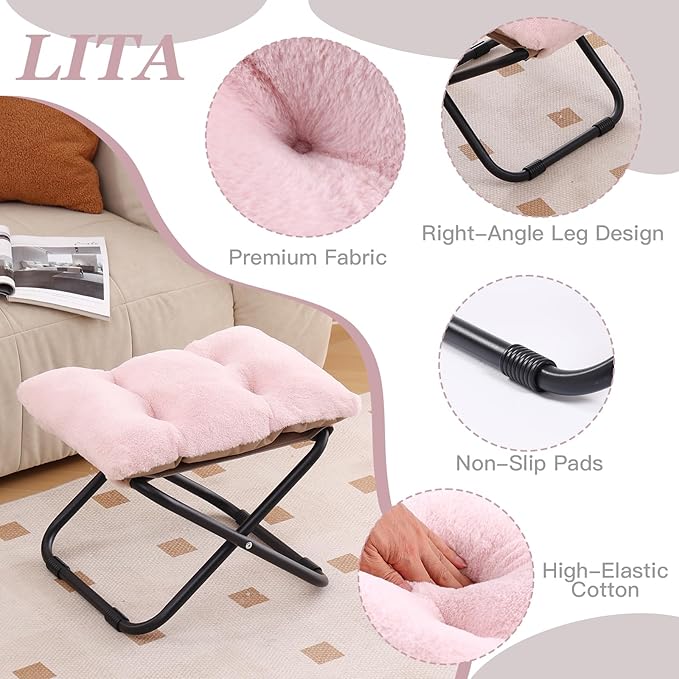 LITA Folding Footrest Stool, Portable Ottoman Foot Rest, Upholstered Small Foldable Ottoman Stool with Detachable Thick Cotton Cushion Padded Sofa Stool for Living Room, Bedroom, Plush Pink