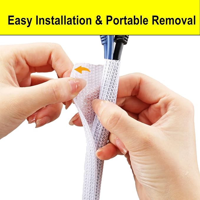 50ft 1 Inch White Cable Sleeve – Split Wire Loom Tubing Cord Protector – Flame Retardant Polyester Cable Management Wrap for Desk, TV, PC – Pet Chew Resistant & Easy to Cut