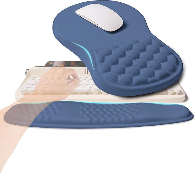 2-in-1 Ergonomic Set, Wave Rise Keyboard Wrist Rest and Massage Bulge Slope Mouse Pad Wrist Support, Cushion Memory Foam Integrated to Relieve Wrist Pain, Dark Blue