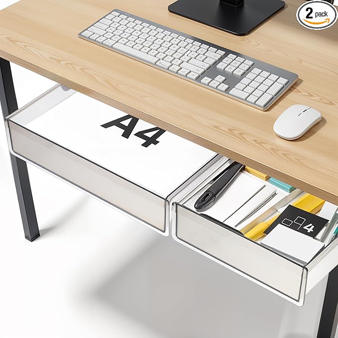 Under Desk Table Drawer Storage Organizer,2 Pack Large & Medium Slide Out Desk Drawers - Hidden Desktop Organizer,Attachable Pencil Storage Tray Under Table