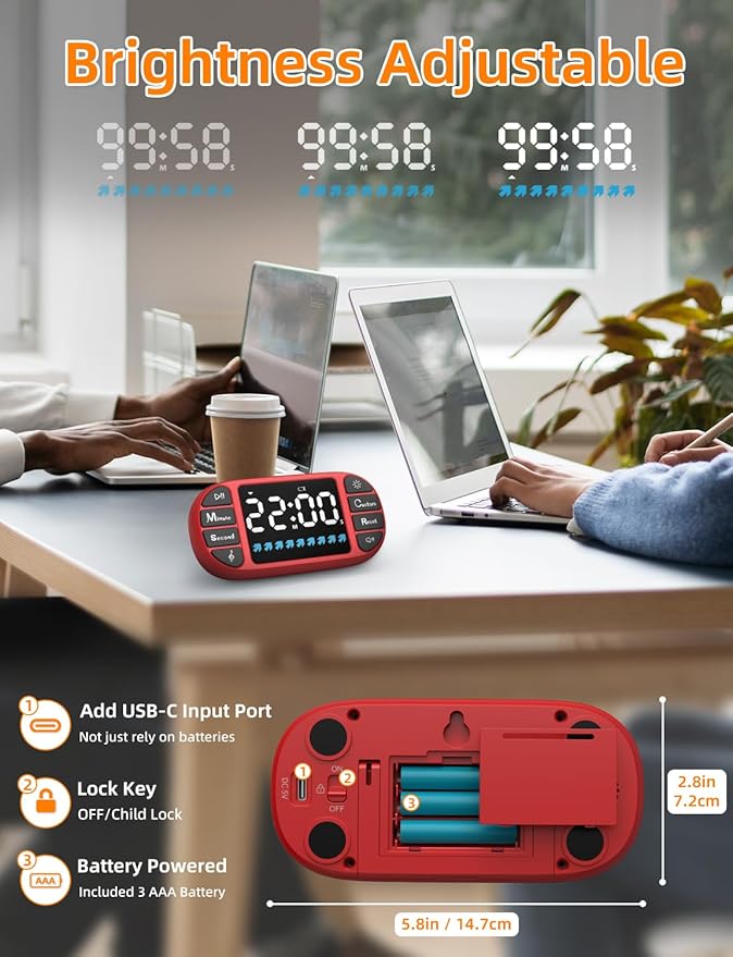 DOOMAY Digital Kitchen Visual Timer: 3.6'' Large LED Display, Magnetic, 3 Brightness, 4 Alarms and Volume, Memory Function, Countdown Count up for Cooking, Classroom, Home Gym, AAA Battery Included