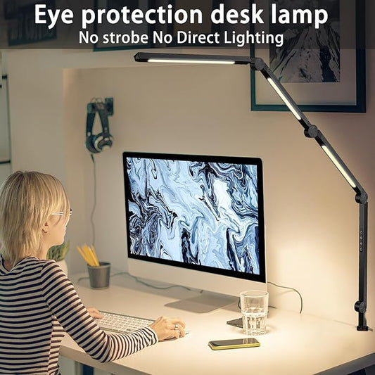 LED Desk Lamp with Clamp & Flexible Arm - 3 Light Sources, 4 Color Modes & 5 Brightness Levels, Eye-Caring Table Light with Memory Function