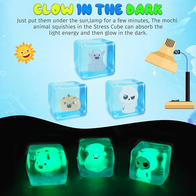 6Pcs Halloween Glow-in-The-Dark Stress Cube Fidget Toys with Resin Duck, Ghost, Pumpkin and Skeleton, Slow Rebound Sensory Toys Stress Balls for Audlts, Halloween Party Favors