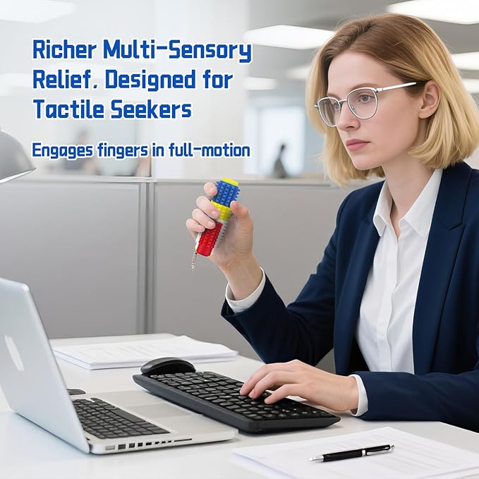 Little Ouchies Spiky Sensory Fidget Toy for Adults – Pain Stim Tool with Clicker, Spinner, Slider, Roller & Spiky Grip | 5‑in‑1 Stress & Anxiety Relief, Portable Keychain(Lego Colors)