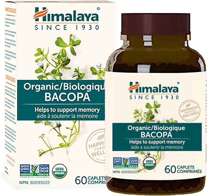 Himalaya Bacopa Monnieri Nootropic Herbal Supplement, Supports Calm, Memory, Cognition, USDA Certified Organic, Non-GMO, 750 mg, 60 Plant-Based Caplets, 60 Day Supply