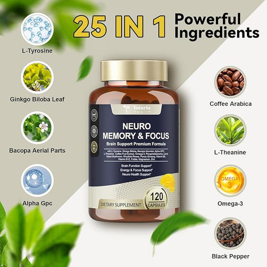 25 in 1 Brain Supplements for Memory and Focus & Neuro Health - Daily Brain Nootropic Cognitive Supplement with L-Tyrosine, Bacopa Monnieri, Ginkgo Biloba, Alpha GPC - Non-GMO, Gluten Free