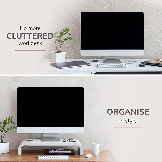 Anji Mountain Wood Monitor Stand Riser Desk Desktop Organizer Table for Home, Office Workspace, Laptop Riser, Ergonomic Design Stand for Gaming Setup, White Wash