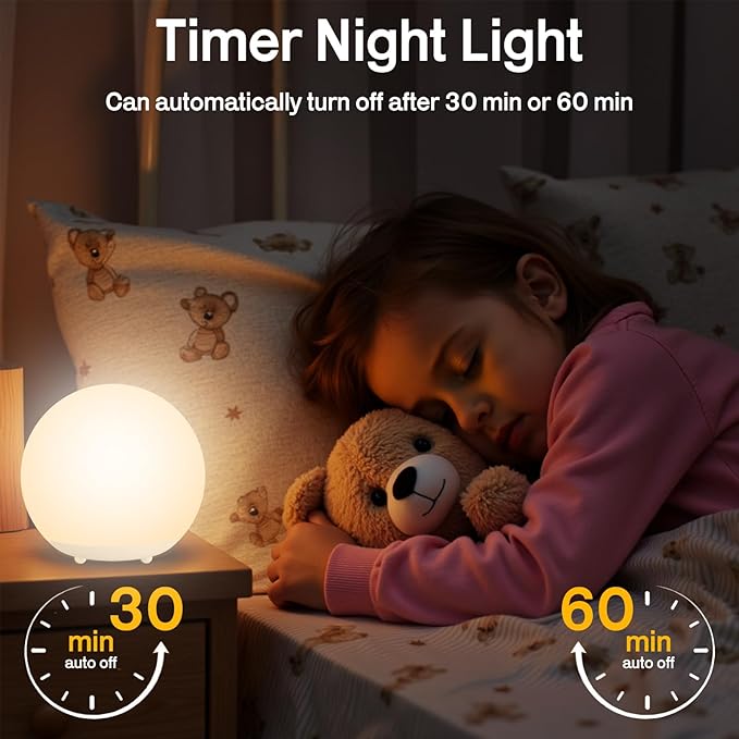 7-Color Changing Silicone Night Light for Kids, Touch Control with Timer & Dimmable, Rechargeable Portable Baby Night Lamp with 30/60 Mins Auto Off, Soft RGB Nursery Light for Bedside, Camping