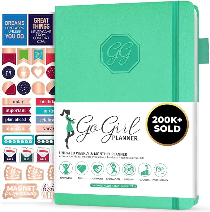 GoGirl Planner and Organizer for Women – Compact Size Weekly Planner, Goals Journal & Agenda to Improve Time Management, Productivity & Live Happier. Undated – Start Anytime, Lasts 1 Year – Emerald