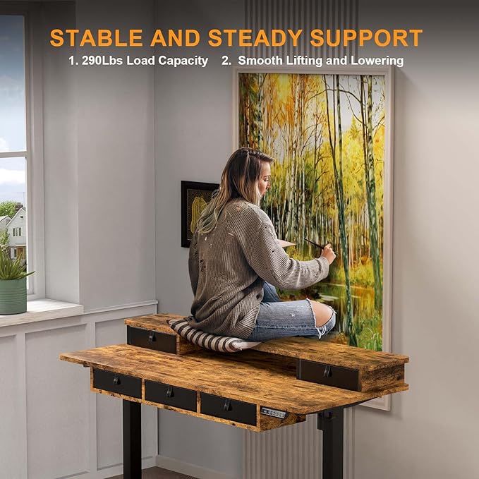 XINYAO Electric Standing Desk with 5 Drawers, 55x24 Inch Height Adjustable Sit Stand Up Desk with Storage Support 290lbs Ergonomic Rising Table with Wheels for Home Office