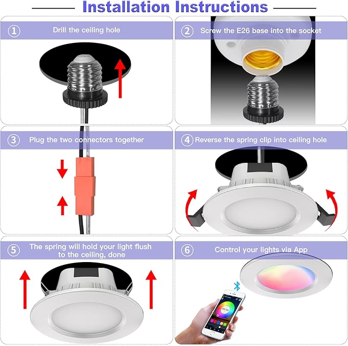 4" Smart Recessed Lighting 10 Pack, Multicolorred, Dimmable, 2700K~6500K, CRI80+, 4 Inch Color Changing Bluetooth Mesh LED Ceiling Light, RGB Canless Retrofit LED Downlight