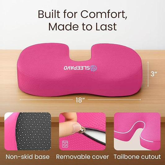 Sleepavo Pink Memory Foam Seat Cushion for Office Chair - Pillow for Sciatica, Coccyx, Back, Tailbone & Lower Back Pain Relief - Orthopedic Chair Pad for Lumbar Support in Office Desk, Car, Airplane