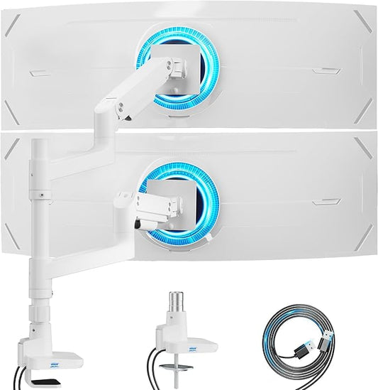 ARES WING Dual Monitor Stand for Ultrawide Heavy Duty Curved Monitor Stacking, Fits 17-49 Inch, Vertical Gas Spring Double Monitor Mount with USB, Adjustable Dual Monitor Mount for Desk, White
