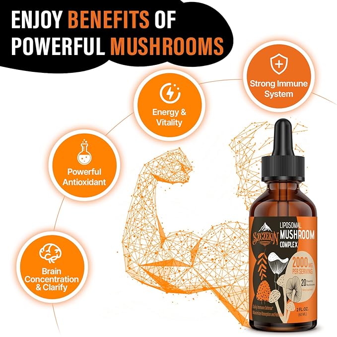 Liposomal Mushroom Complex Drops 2000 MG - 20 Organic Mushroom Extracts - Advanced Liquid Formula for Immunity, Cognitive and Memory - Lions Mane Supplement, Reishi, Cordyceps, Chaga, 180 Servings