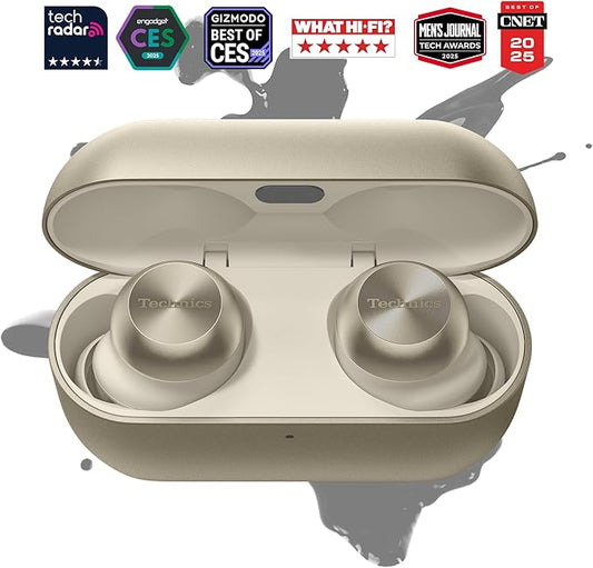 Technics Reference Class Hi-Fi Wireless Earbuds,Dolby Atmos with Head Tracking,Adaptive Noise Cancelling,3 Device Multipoint, 10-hr Battery,Wireless Charging,Improved Fit -EAH-AZ100-N (Champagne)