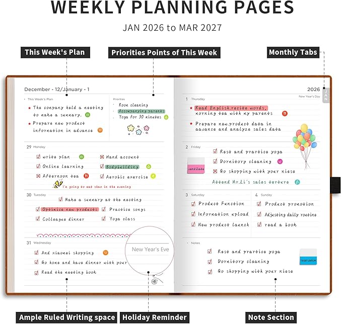 AHGXG 2026 Planner, Weekly and Monthly Planner 2026-2027, Large A4 8.5"x11", Calendar 15-Months Jan 2026 - Mar 2027, Vegan Leather SoftCover, Inner Pocket, Black