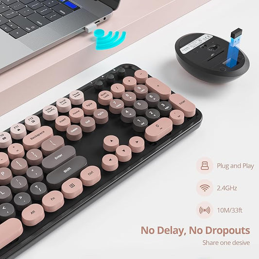 Guffercty kred Colorful Plum Wireless Keyboard and Mouse Combo, Retro Typewriter Wireless Full-Size Cute Office Keyboard 2.4GHz with Round Keycaps for Desktop Laptop and PC (Dark Plum)