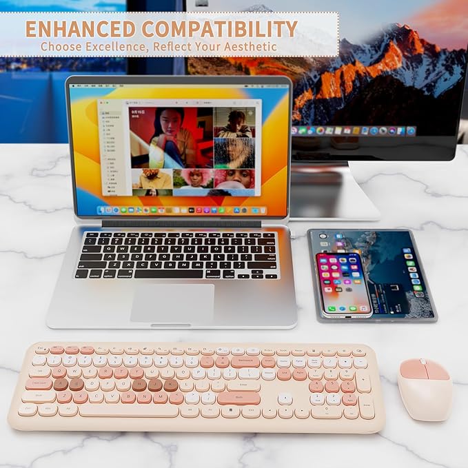 Wireless Keyboard and Mouse Combo, Retro Typewriter Keyboard with Round Keycaps, Full-Size Ergonomic, Brown, Ideal for Windows PC, Home, Office, and College, Wireless Keyboard Mouse Combo