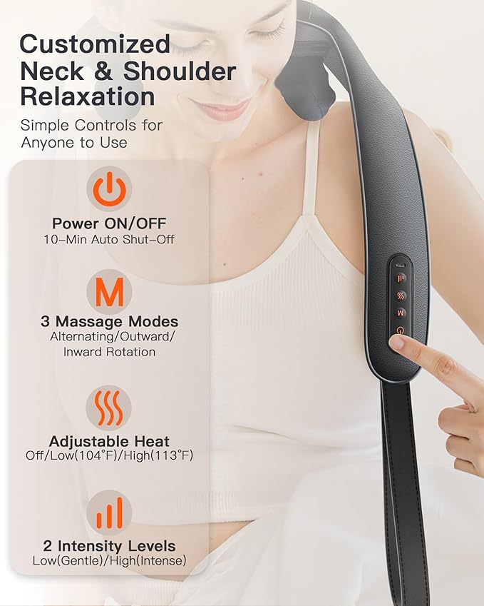Neck and Shoulder Massager with Heat – Cordless Shiatsu Neck Massager for Pain Relief Deep Tissue - Adjustable Speed & Modes Kneading Massage for Back - Gift for Men Women