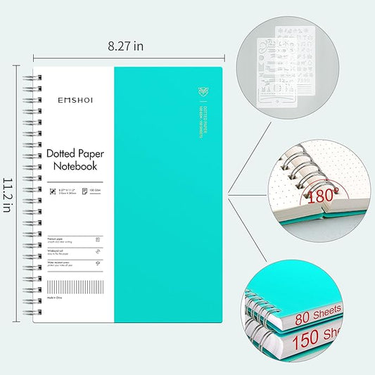 EMSHOI A4 Spiral Dotted Notebook, 11.2”x8.27” 300 Pages Bullet Dot Grid Journal, 100gsm Thick Paper, Waterproof Softcover with Twin-Wire Binding for School, Work, Writing, Light Blue