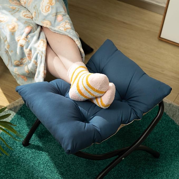 AbocoFur 15"(H) Folding Footrest Stool, Accent Padded Sofa Foot Stool for Lazy Chair, Upholstered Small Foldable Ottoman, Metal Frame Portable Foot Rest Ottoman for Living Room, Bedroom, Navy Blue