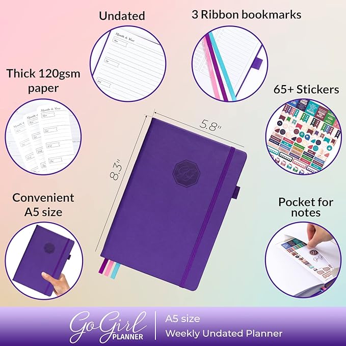 GoGirl Planner and Organizer for Women – A5 Size Weekly Planner, Goals Journal & Agenda to Improve Time Management, Productivity & Live Happier. Undated – Start Anytime, Lasts 1 Year – Purple