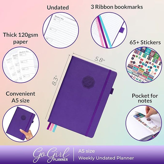 GoGirl Planner and Organizer for Women – A5 Size Weekly Planner, Goals Journal & Agenda to Improve Time Management, Productivity & Live Happier. Undated – Start Anytime, Lasts 1 Year – Purple