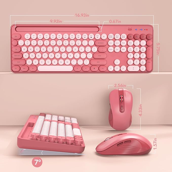 Wireless Keyboard and Mouse Combo, Retro Round Keycap Typewriter Keyboard with Phone/Tablet Holder, Cute Colorful Keyboard for Computer/Laptop/Windows by SABLUTE (Pink)