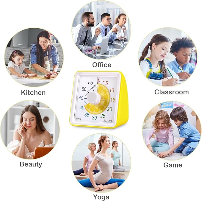 Secura 60-Minute Visual Countdown Timer for Kids & Adults, Classroom Time Management Tool (Yellow)
