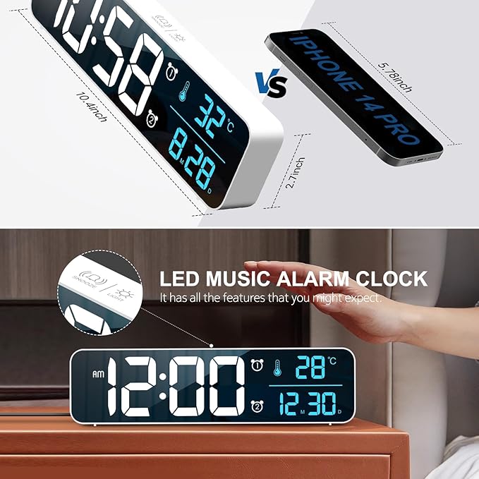 Hournor Digital Clock, Clock for Bedroom, Digital Wall Clock, Clocks for Living Room Decor, Desk Clock, Table Clock, Digital Clock Large Display, Smart Alarm Clock for Office (Wired White+Blue Digit)
