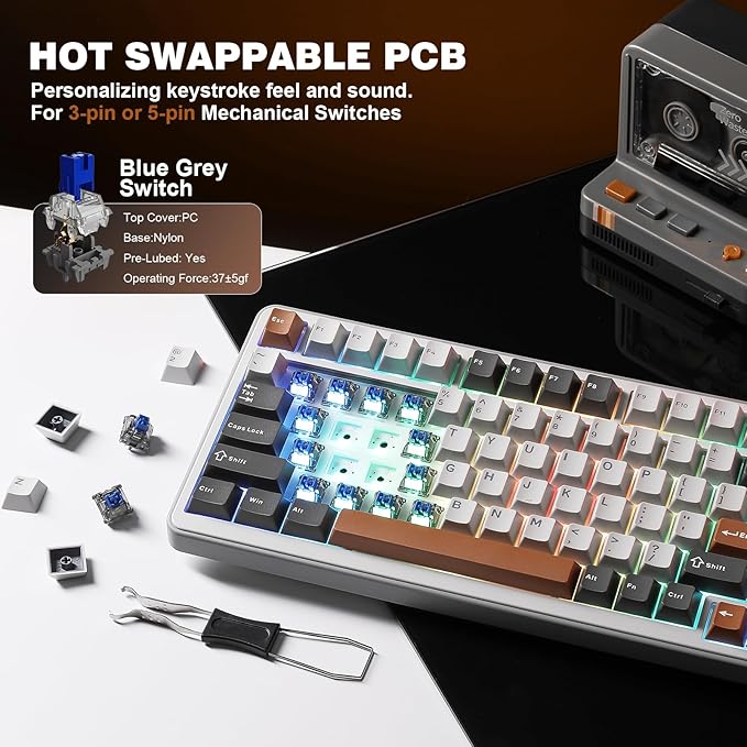 YUNZII B75 PRO Wireless Mechanical Keyboard,75% Layout with Knob,Hot Swap Gasket Custom Structure,Creamy Pre-lubed Switches,RGB Backlit,Bluetooth/Type-C/2.4G for Win/Mac(Blue Grey Switch,Grey)