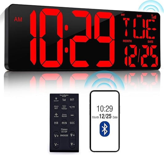 17.2" Large Digital Wall Clock Bluetooth Auto Time Sync Digital Clock Large Display Auto-Dimming/DST Led Wall Clock with Date Week Big Timer for Living Room Classroom Garage Gym Decor