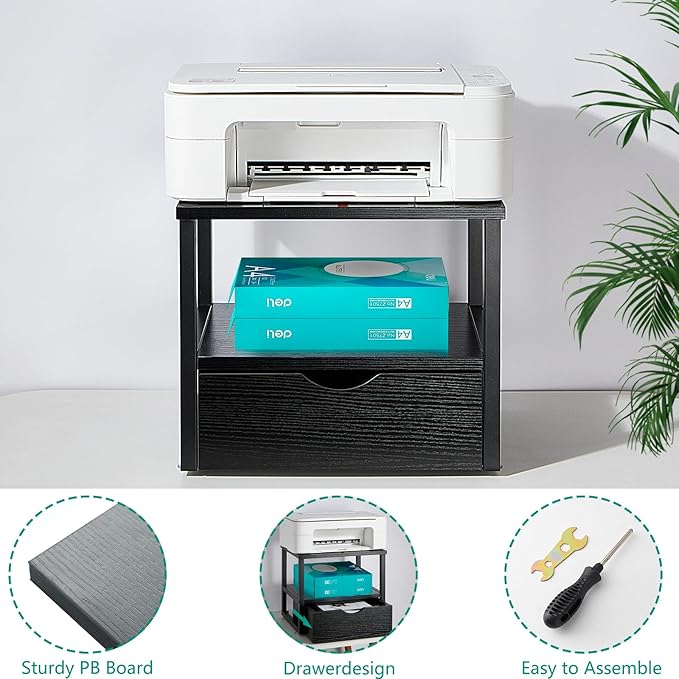 2 Tier Desktop Printer Stand,Printer Stand with Drawers, Shelf for Top of Desk ,Multi-Purpose Desk Organizer for Home Office, Fit Fax Machine, Scanner,Blakc