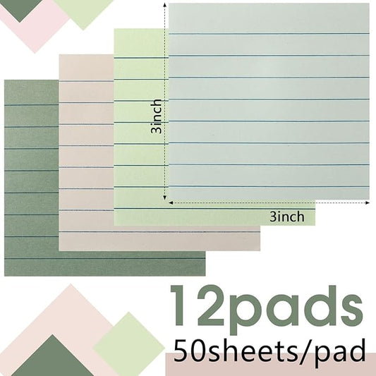 12 Pack Sage Green Lined Sticky Notes 3x3 inch Post Ruled Stickies Super Self Stick Power Memo Pads Multi Colors Notes Pads Vintage Aesthetic School Office Supplies Accessories