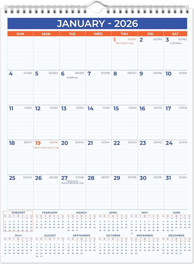 2026 Wall Calendar - January 2026 - December 2026, 12 Monthly Hanging Calendar, 2026 Planner, A4 Size 8.5" x 11", Spiral Binding, Holidays, Julian Dates, Large Blocks, Twin-Wire Binding, Hanging Hook, (1 Pack)