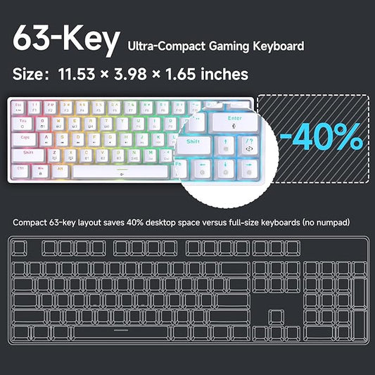 DIERYA DK63 60% Wireless Mechanical Gaming Keyboard | Bluetooth/2.4G/Wired | RGB Backlit | Anti-Ghosting Compact 63-Keys Mini Keyboard | with Blue Switch | for Windows Laptop PC Gamer Typist-White