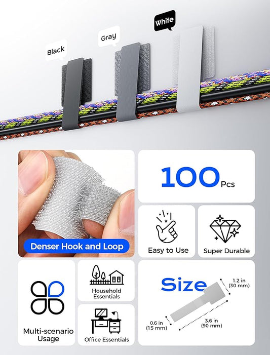100pcs Hook and Loop Cable Ties, gliship Adhesive Wire Management, Adjustable Cable Straps Cord Wrappers Keeper Cord Holder, Sticky-Back Cord Organizer for Kitchen Appliances at Office, Home - White