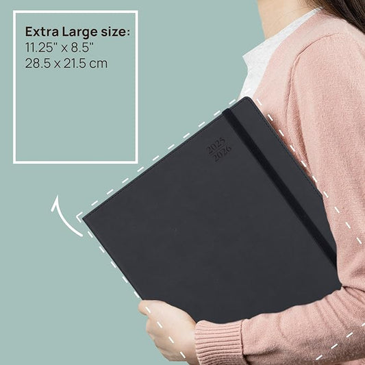 POPRUN Monthly Planner 2025-2026, Large-8.5'' x 11.25'', 13-Monthly Calendar Book (July 2025-July 2026) Academic Calendar Planner with Stair Tabs, PU Leather Soft Cover, 100GSM - Black