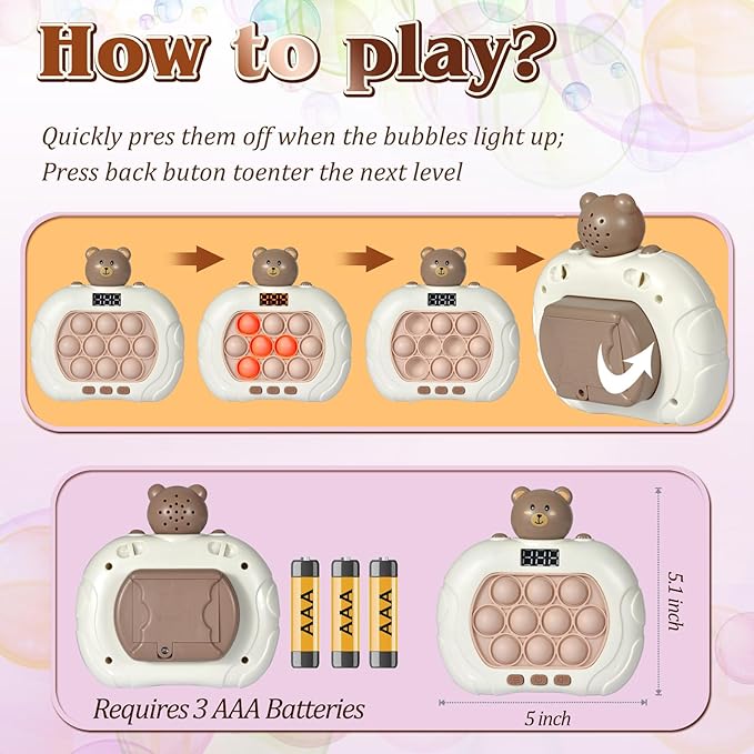 Pop Game Light Up Fidget Toy for Kids 5-7 & 8-12, Handheld Puzzle Game Sensory Toys with LED Screen, for Kids Ages 3-12 (Bear)