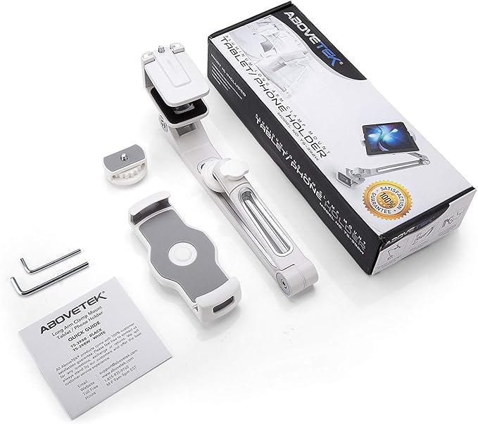 AboveTEK iPad Desk Mount, Multi-Angle Adjustable Tablet Clamp Holder, 360° Swivel Arm Aluminum Tablets Stand, Fits 4"-11" Tablet/Phone/iPad mini for Home Office Kitchen Bedside (White)