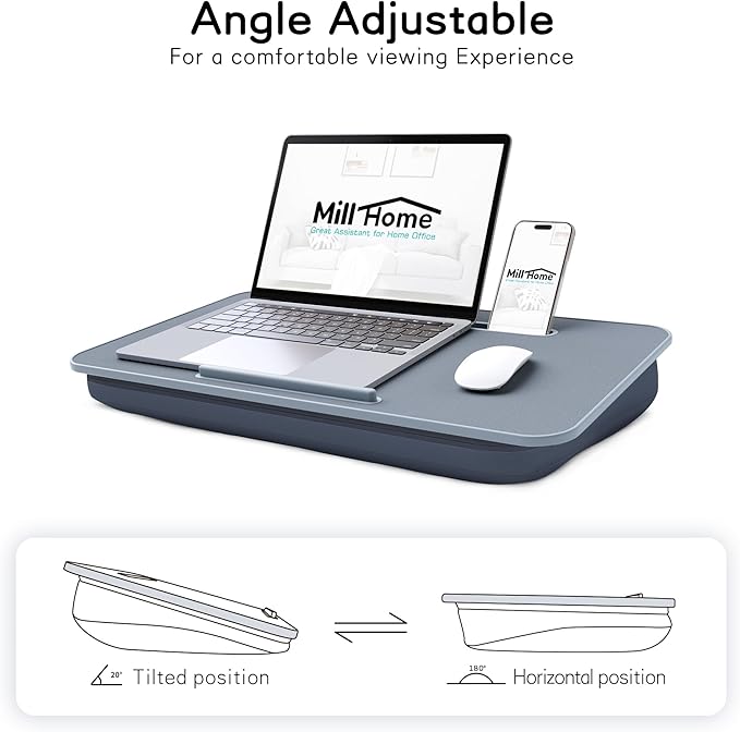 Lap Desk, Lap Desk with Cushion, Fits up to 17 inch Laptop, Pillow Designed, Portable Laptop Stand with Tray, Pad & Phone Holder, Home Office for Bed/Couch/Car/Reading/Writing, MillHome (Gray)