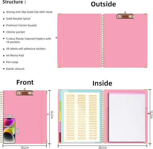 Ospelelf Clipboard with Storage 8.5 X 11,Padfolio Organizer, Spiral Portfolio Letter Size with Notepad, Pen Holder, 5 Extra Folder Divider Pages, Elastic Closure Nurse Office Essentials (Pink)
