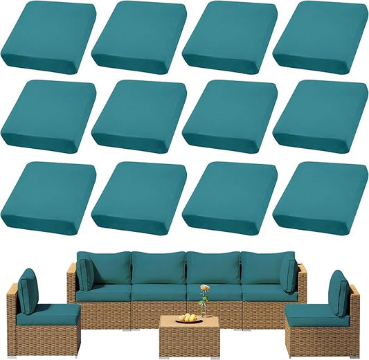 12Pcs Outdoor Cushions Covers Waterproof, Patio Cushion Covers, Stretch Cushion Covers Replacement,Cushion Slipcovers, Furniture Cushion Covers (Peacock Blue 1, 12PCS)