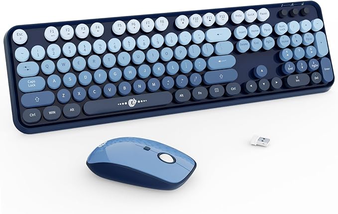 Wireless Keyboard Mouse Combo,104 Round Keys Cute Colorful Keyboard with Retro Typewriter Style,Letton Full Size Keyboard with Number Pad&Mouse with 3 DPI for PC Mac Laptop Computer Windows-Blue