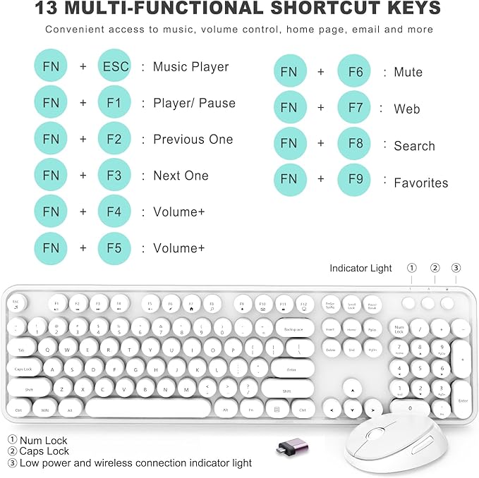Wireless Keyboard and Mouse Combo, Ergonomic Full Size Typewriter Retro Round Keycaps Keyboard, Compatible with Windows, PC, Perfer for Home and Office Keyboards(White)