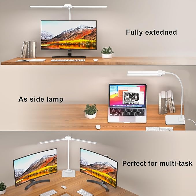 KableRika Desk Lamp Double Light: Bright Led Desk Lights for Home Office - Eye Care Reading Table Lamps with Base - Dimmable Desktop Lighting for Computer Monitor Study Drafting