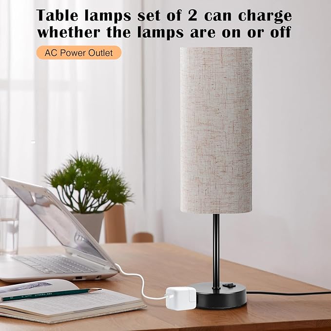ZJOJO Table Lamp for Bedroom 2 Pack,18in Bedside Lamps with 3 Way Dimmable Rocker Switch & AC Outlet,Nightstand Desk Lamp with Flaxen Fabric Shade Black Base for Living Room Home Decor Lights