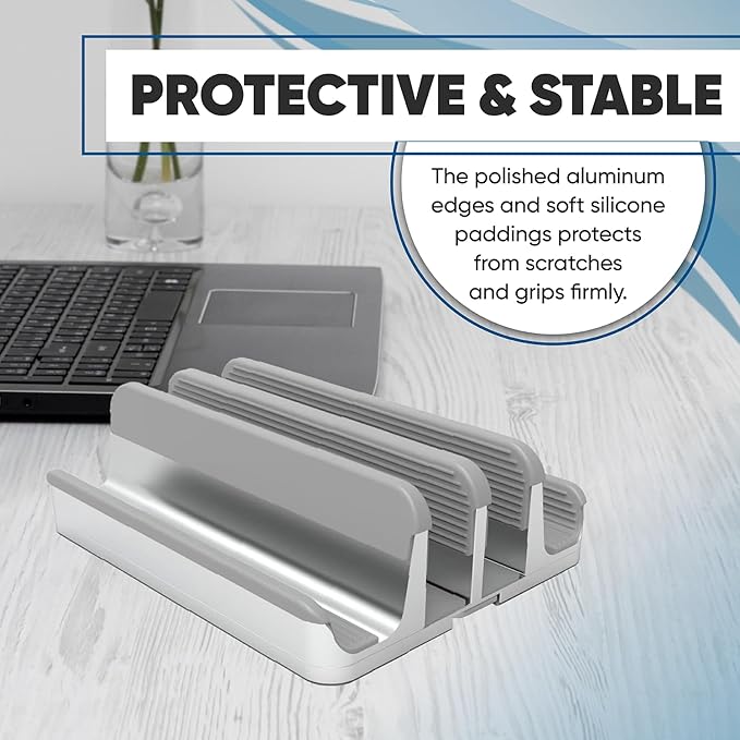 Elestoria 4 Device Vertical Laptop Stand – Adjustable Desktop Dock for MacBook, Dell, HP, Lenovo, iPad, Tablets & Phones – Multiple Slot Holder (Fits Up to 17.3") – Silver