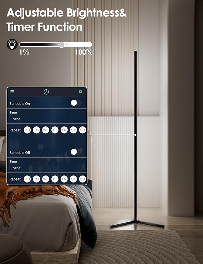 RGB Corner Floor Lamp, 64.5" RGB Color Changing Led Floor Lamp for Living Room APP and Remote Modern Light Bar with Music Sync and 16 Million Colors Dimmable Ambient Lighting for Bedroom